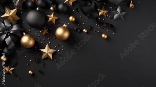 Christmas flat lay composition with elegant black and gold elements. Luxury festive decor on a dark background. Modern design for holiday cards, invitations, and posters. Generative AI.