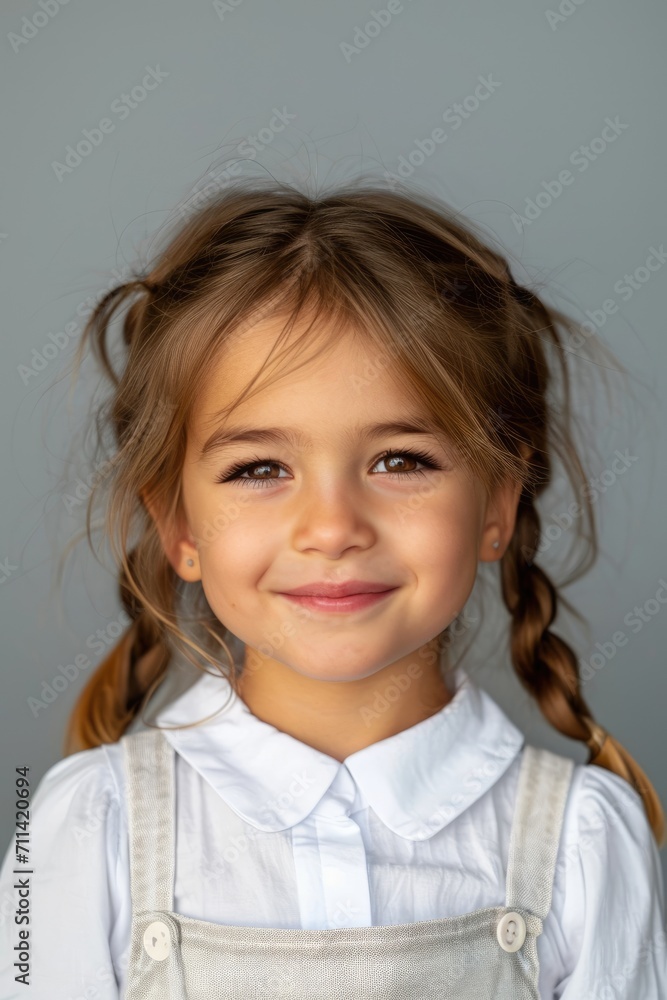 A 5 year old cheerful girl in a white school uniform, passport photography A 5 year old cheerful girl in a white school uniform, passport photography