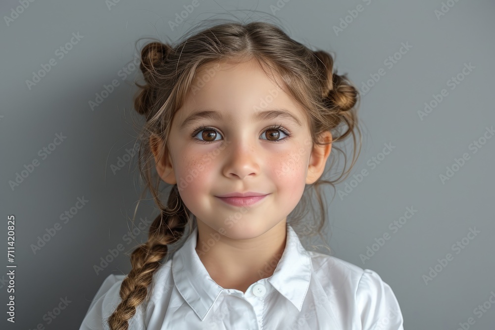 A 5 year old cheerful girl in a white school uniform, passport photography A 5 year old cheerful girl in a white school uniform, passport photography