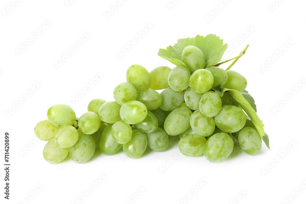 Fresh ripe grapes and leaves isolated on white Fresh ripe grapes and leaves isolated on white