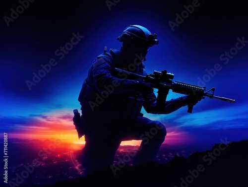 Silhouette of a soldier with a helmet and rifle, kneeling on the ground against a blue black sky with an orange light in the background. The style is colorful with a blue gradient background 