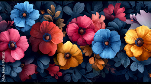 floral wallpaper background pattern in blue  red  yellow color