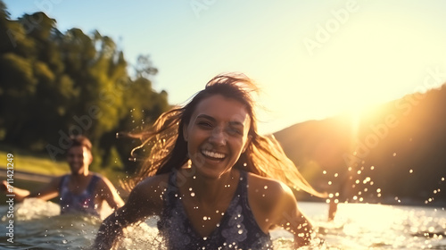 people in the lake. group of young teenager playing in the lake with friend. smiling having fun girl and boy in the water. photo