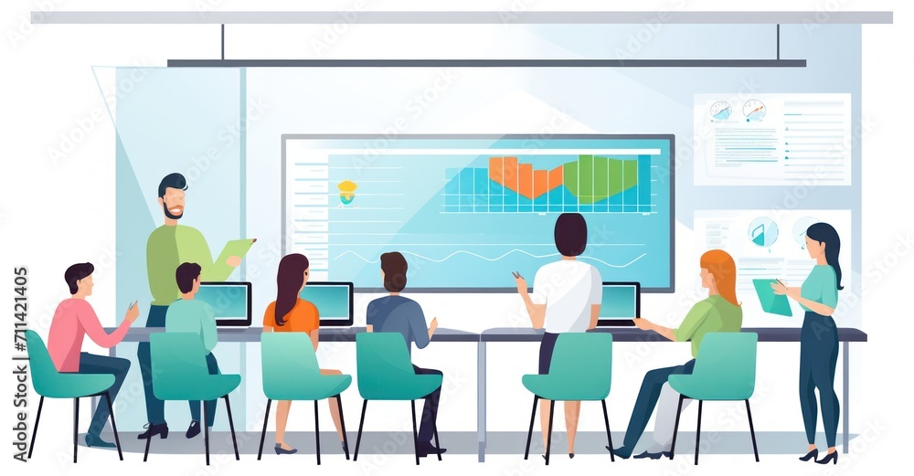 This vibrant vector illustration captures a group of experts engaged in risk assessment, surrounded by dynamic charts and data visualizations, 