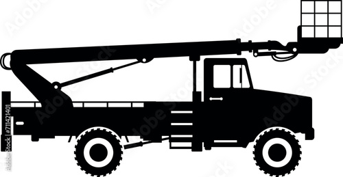 Silhouette of Aerial Work Platform Bucket Truck Icon in Flat Style. Vector Illustration