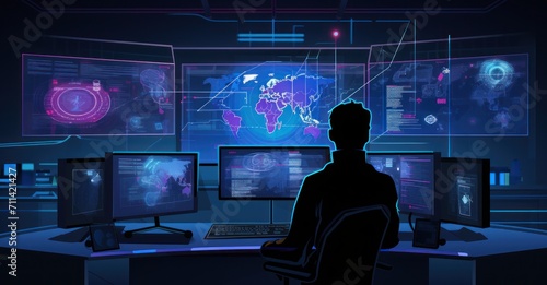 s forward-thinking vector illustration showcases a state-of-the-art AI system in a high-tech command center,