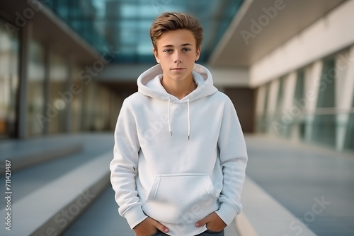 Boy in blank white hoody outside school building. Mock up design for hoodies and casual sportswear. Generate AI