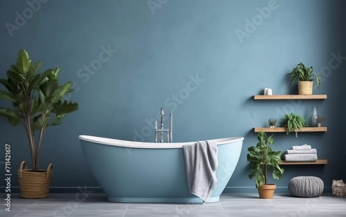 realistic photo Stylish bathroom interior with modern bathtub  ornamental plants and beautiful decoration  with blue walls. generative ai