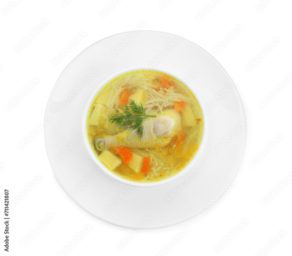 Delicious chicken broth in bowl isolated on white, top view Delicious chicken broth in bowl isolated on white, top view