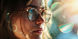 Young woman with glasses, lens flares dotting her visage, imbuing a dreamy, thoughtful presence