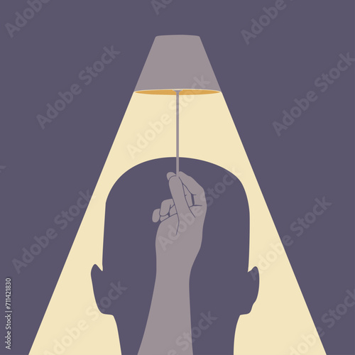 Personal growth and development. Business and education concept. Hand holding lamp that illuminates head