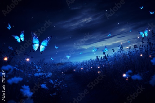 Enchanted Night Meadow with Luminous Butterflies © Andrei