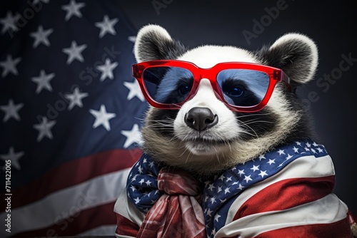 Patriotic Raccoon with American Flag and Sunglasses © Andrei