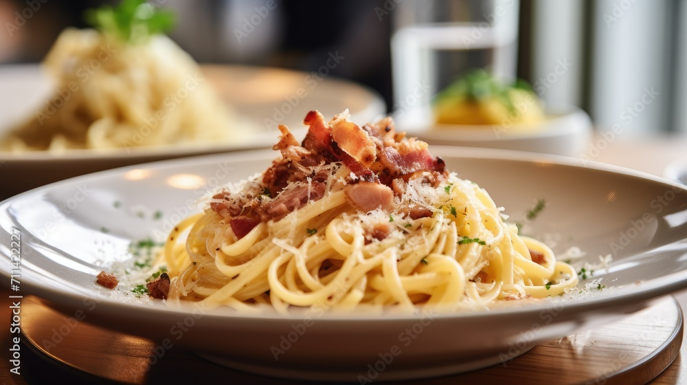 Delicious pasta with bacon and sauce. Italian cuisine. Recipe. Delicious pasta with bacon and sauce. Italian cuisine. Recipe.