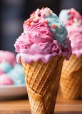 Colorful Ice Cream Cones with Melting Scoops on Wooden Table