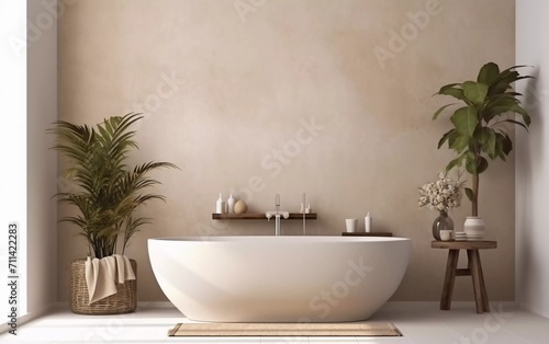 realistic photo Stylish bathroom interior with modern bathtub, ornamental plants and beautiful decoration, with cream colored walls. generative ai