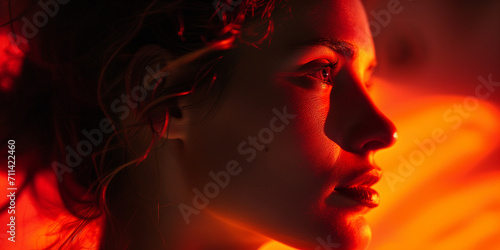 Young woman in profile, her face bathed in a fiery red glow that gives a sense of intensity and passion