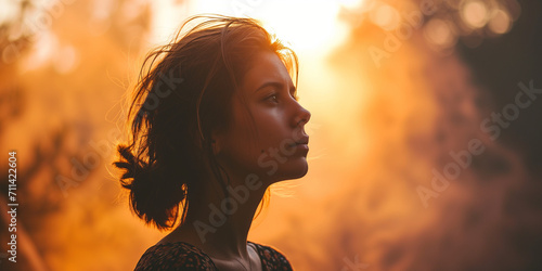 Young woman in profile against a backdrop of fiery sunset, her silhouette framed by the glow of the fading light © J. Grayscale