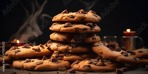 A stack of chocolate chip cookies with a candle in the background A bag of chocolate chip cookies stacked on the wooden table with smoke and candle on the dark background Ai Generative