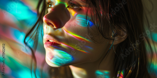 Young woman with vibrant rainbow light patterns dancing across her face, a vivid portrayal of color and life