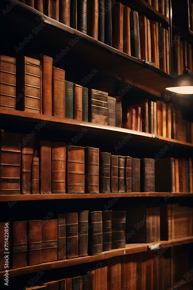 Bookshelf Filled With Brown Books, A Collection of Knowledge and Stories for Every Reader. Generative AI. Bookshelf Filled With Brown Books, A Collection of Knowledge and Stories for Every Reader. Generative AI.