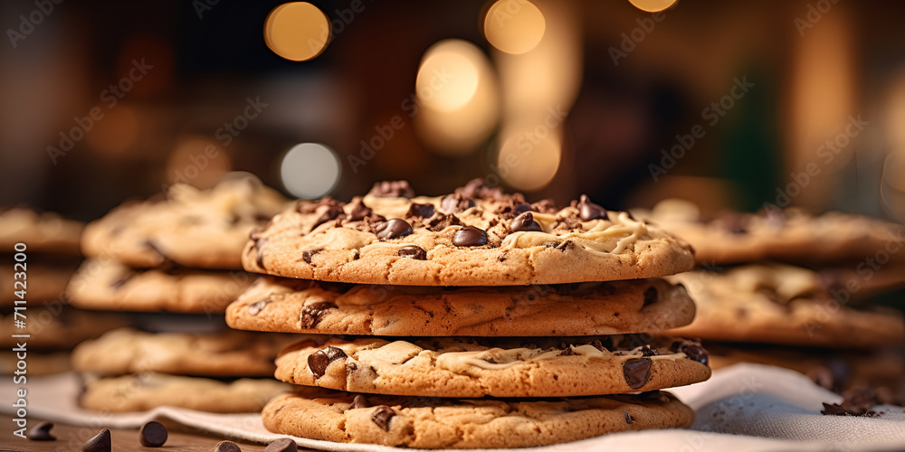 Chocolate chip cookies on a wooden table with a blurry background A closeup of a stack of homemade chocolates cookies with dark bokeh background Ai Generative 