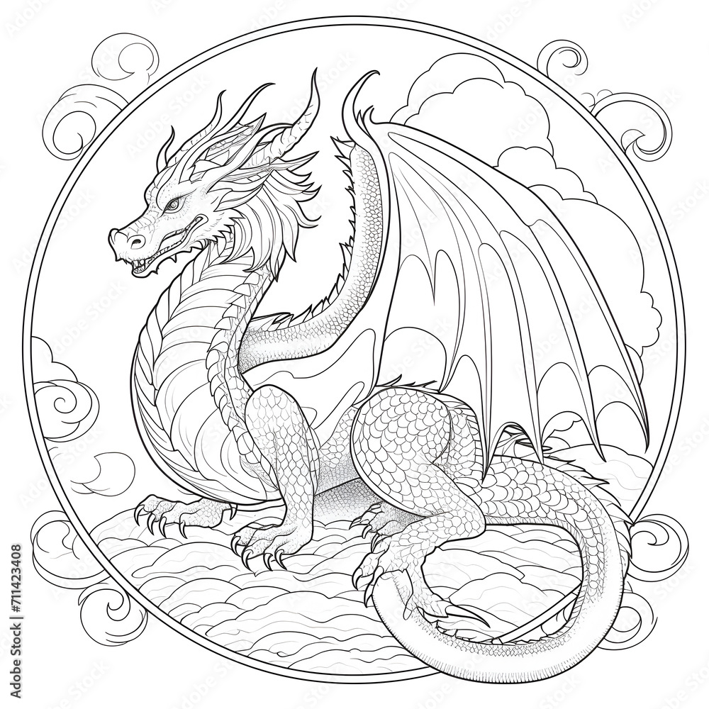 Dragon Coloring Page, Ai Generative Dragon Coloring Page, Ai Generative