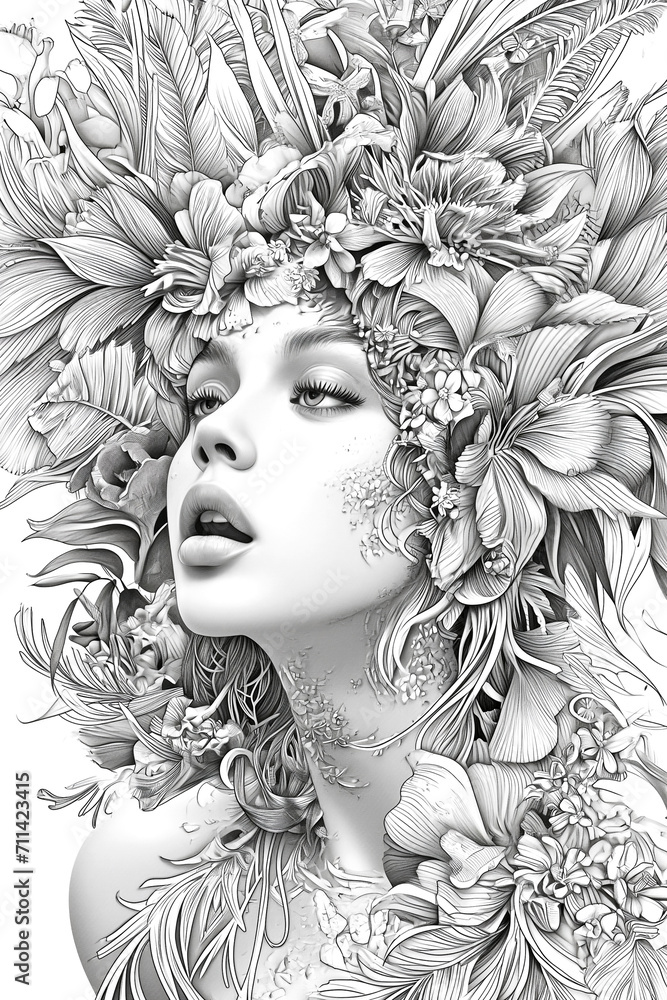 Elegant background image design for a coloring book with a beautiful girl with fantasy flowers.
