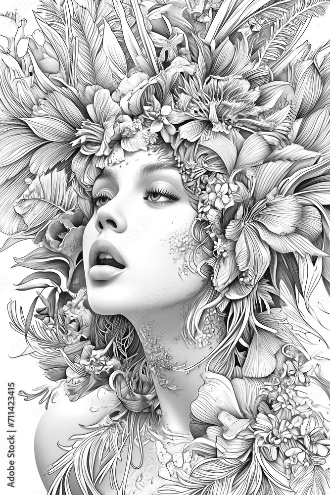 Fototapeta premium Elegant background image design for a coloring book with a beautiful girl with fantasy flowers.