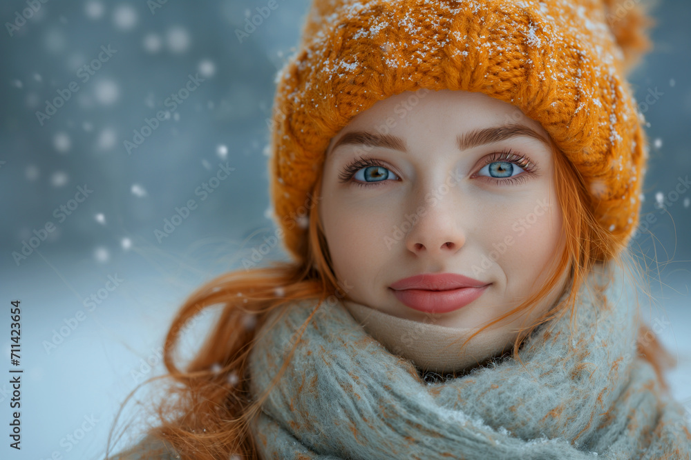 Beautiful winter woman in warm clothing in a yellow knitted hat and scarf Beautiful winter woman in warm clothing in a yellow knitted hat and scarf
