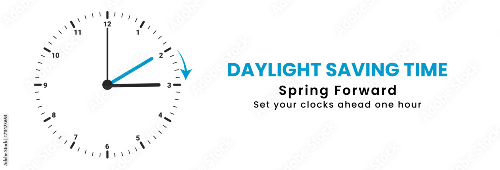 The concept of daylight saving time. Clocks are set one hour ahead. Spring forward, summer time web banner. Vector illustration The concept of daylight saving time. Clocks are set one hour ahead. Spring forward, summer time web banner. Vector illustration