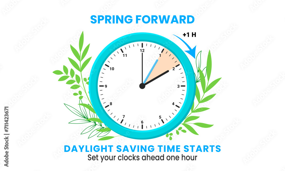 The concept of daylight saving time. Clocks are set one hour ahead. Spring forward, summer time web banner. Vector illustration The concept of daylight saving time. Clocks are set one hour ahead. Spring forward, summer time web banner. Vector illustration
