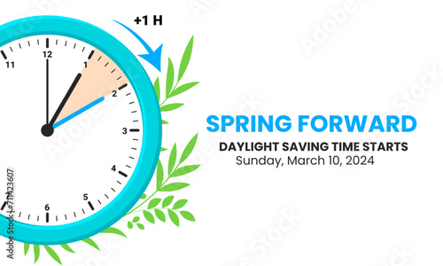 Daylight Saving Time Begins. The clock turns one hour on March 10, 2024. Spring forward concept banner. Vector illustration photo