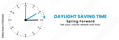 The concept of daylight saving time. Clocks are set one hour ahead. Spring forward, summer time web banner. Vector illustration