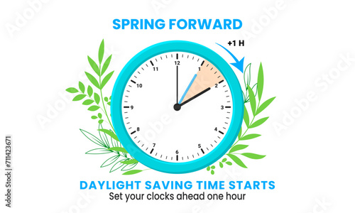 The concept of daylight saving time. Clocks are set one hour ahead. Spring forward, summer time web banner. Vector illustration