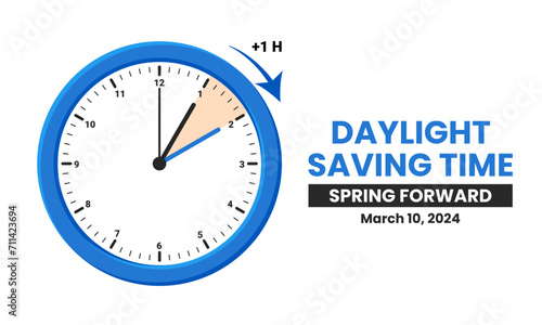 The concept of daylight saving time. Clocks are set one hour ahead. Spring forward, summer time web banner. Vector illustration