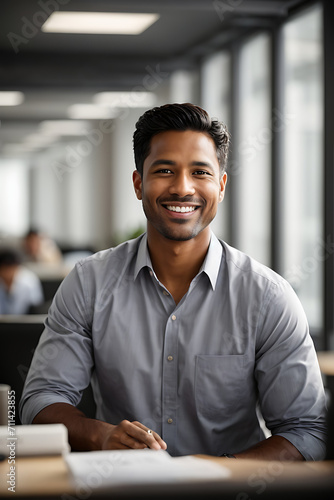 Smiling Man Sitting at Office Desk - Professional Business Environment Photo. Generative AI.