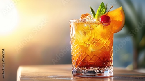 Mai Tai popular alcoholic cocktail with syrup, lime juice, mint and crushed ice. Clean background. For a restaurant or bar menu