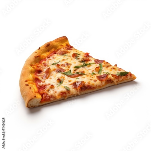 Delicious slice of pizza served on wooden plate isolated on white