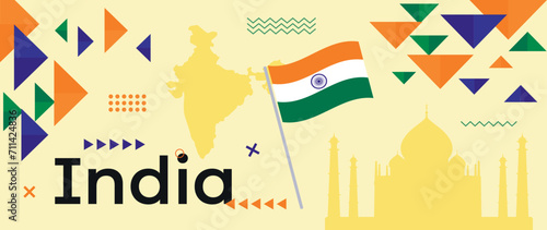 India Republic Day banner with Indian flag and silhouettes of country map and Taj Mahal landmark. Abstract geometric holiday design with orange, green and blue color shapes and memphis style elements