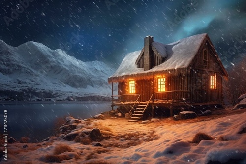 Snowy Norwegian cabin with starry Milky Way on Christmas night. Generative AI photo