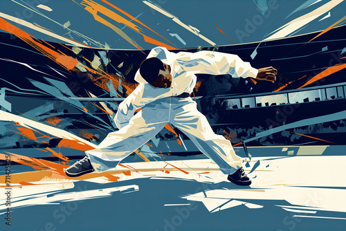  Abstract illustration of b boy wearing white tracksuit break dancing, performing a complex trick at Olympic Games stadium