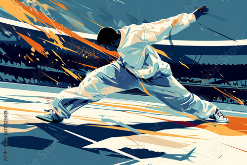  Abstract illustration of b boy wearing white tracksuit break dancing, performing a complex trick at Olympic Games stadium