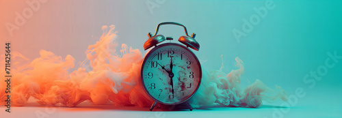  Burning retro alarm clock on a pastel background, as a metaphor for time that is running out © ALL YOU NEED studio