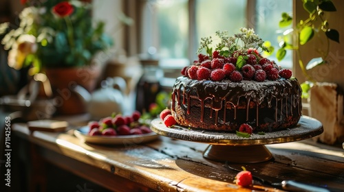 Delicious chocolate cake with fresh raspberries on the cake pan. Desserts.