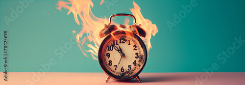  Burning retro alarm clock on a pastel background, as a metaphor for time that is running out