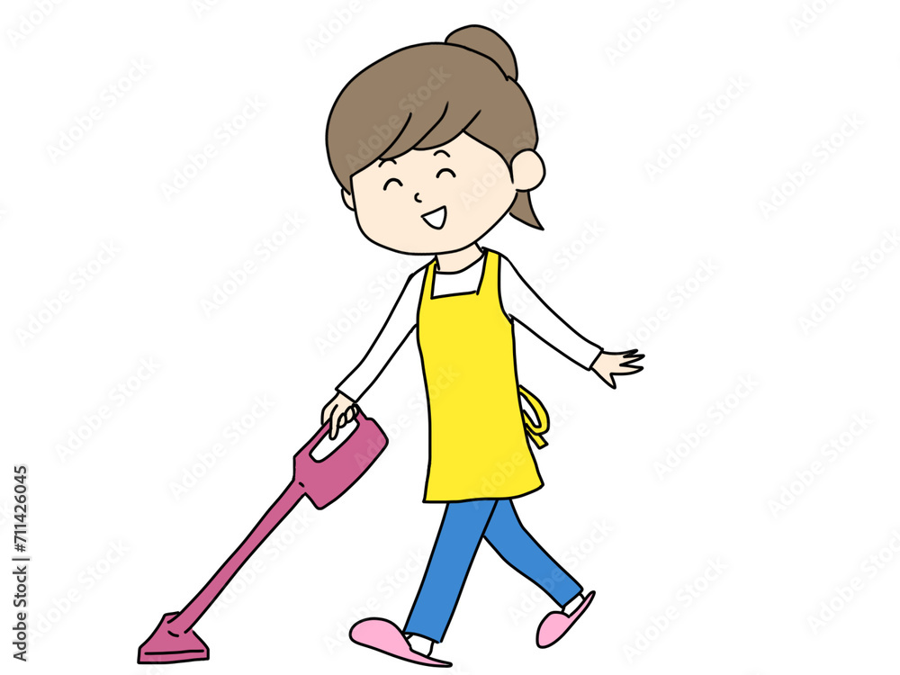笑顔で掃除機をかける主婦のイラスト 笑顔で掃除機をかける主婦のイラスト