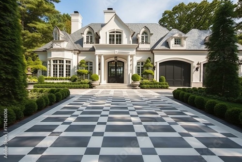 Sophisticated exterior design showcases elegant precast paver landing, steps, and driveway with a consistent pattern. Generative AI photo