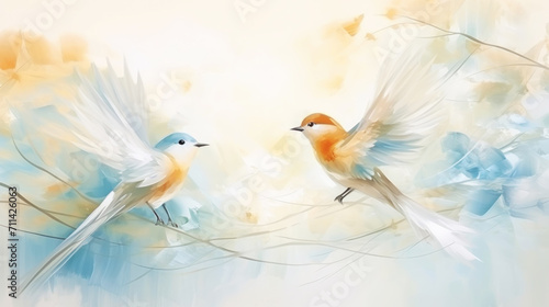 Couple of birds transparent watercolour, pastel colour pallet. Luxury background. Generative AI © AngrySun