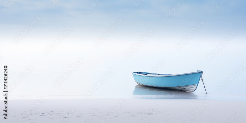 Blue boat in a calm sea waters near a beachline. Calm, tranquil landscape. Generative AI
